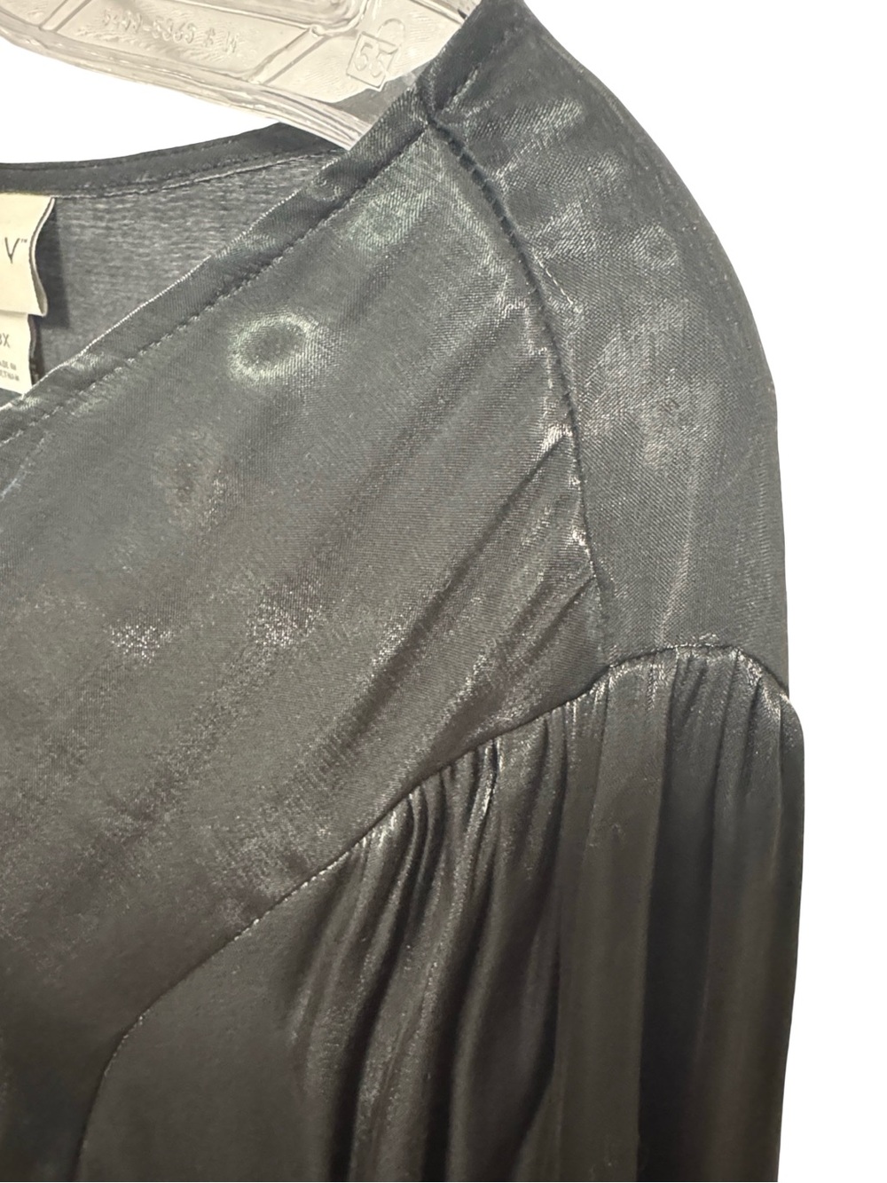 Ava & Viv Charcoal Satin-Look Long Sleeve Wrap Dress - Picture 3 of 5